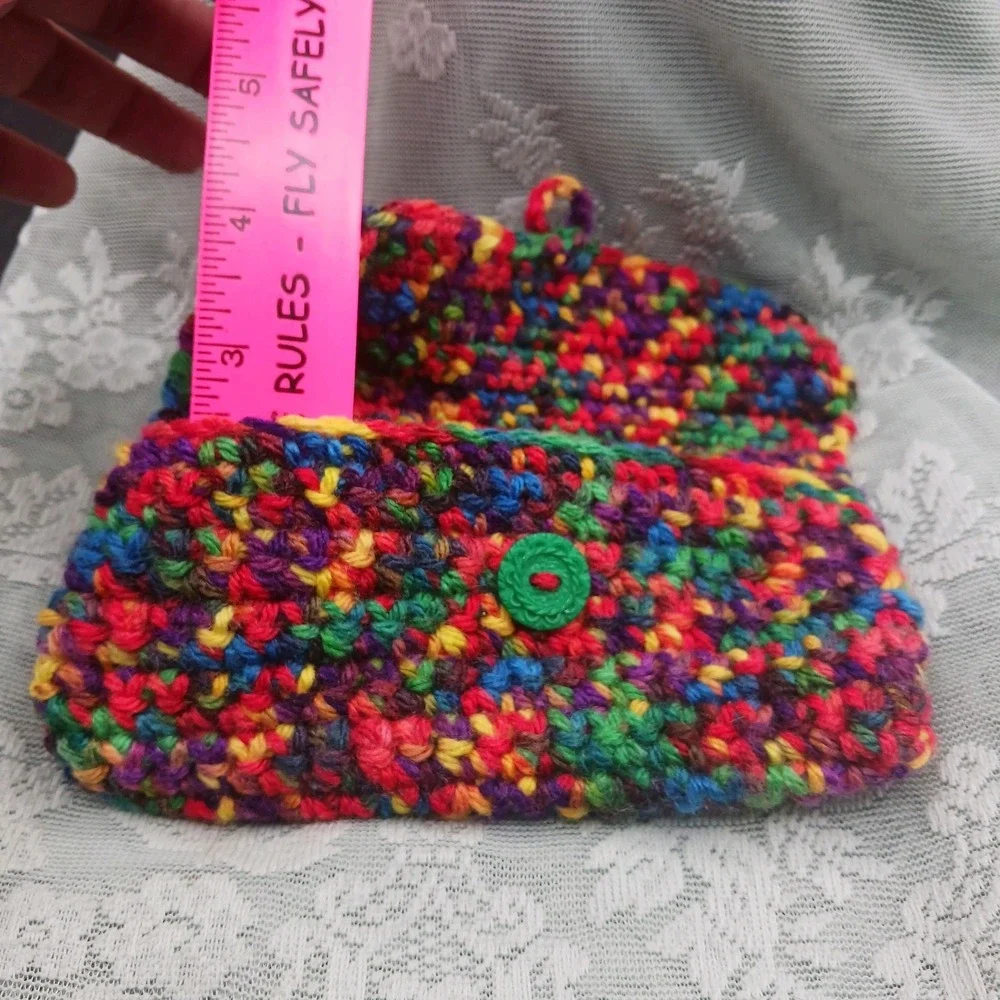 Handknit Crocheted RAINBOW Small organizer make up Bag Boho Hippie Cute Vintage